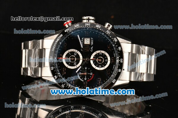 Tag Heuer Carrera Calibre 1887 Date Chrono Swiss Valjoux 7750 Automatic Full Steel with Black Ceramic Bezel and Arabic Numeral Markers (ZF) - Click Image to Close